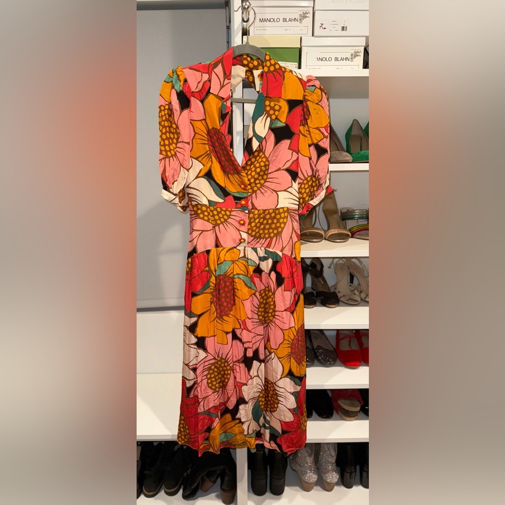 Farm Rio colorful sunflowers midi dress, size XS NWT
